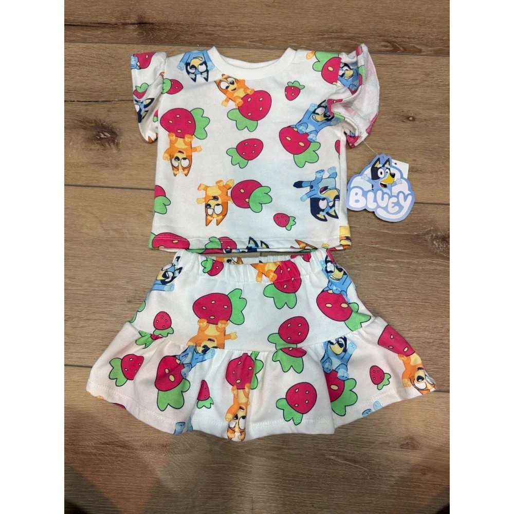 Bluey Bingo Girls Strawberry Skort Set 2pc Flutter Sleeve Top White‎ 12M NWT